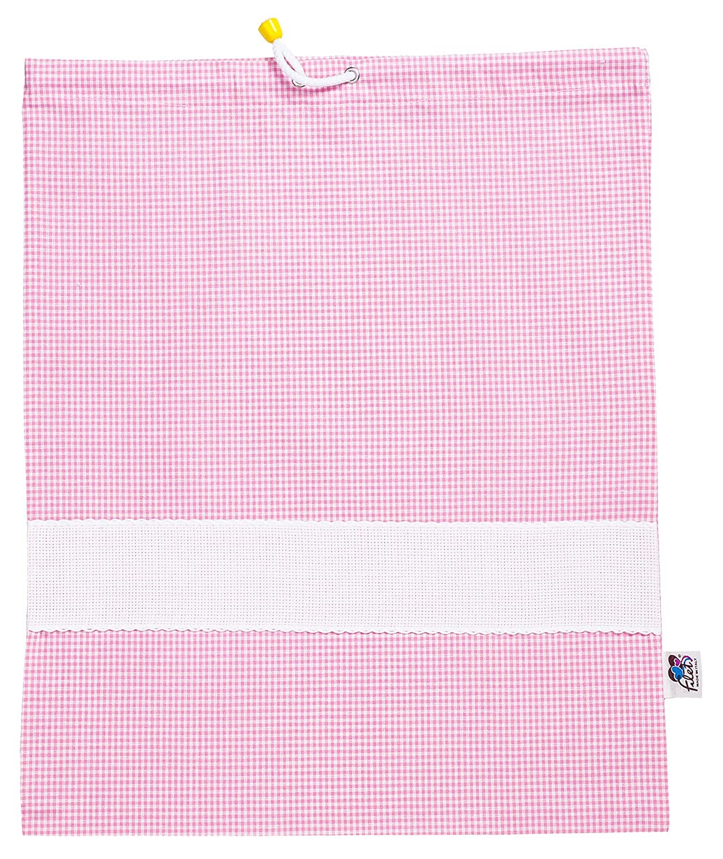 Filet Filet - Yarn-Dyed Plaid Nursery Bag with Embroidery Aida Canvas, Pink and White - 45g