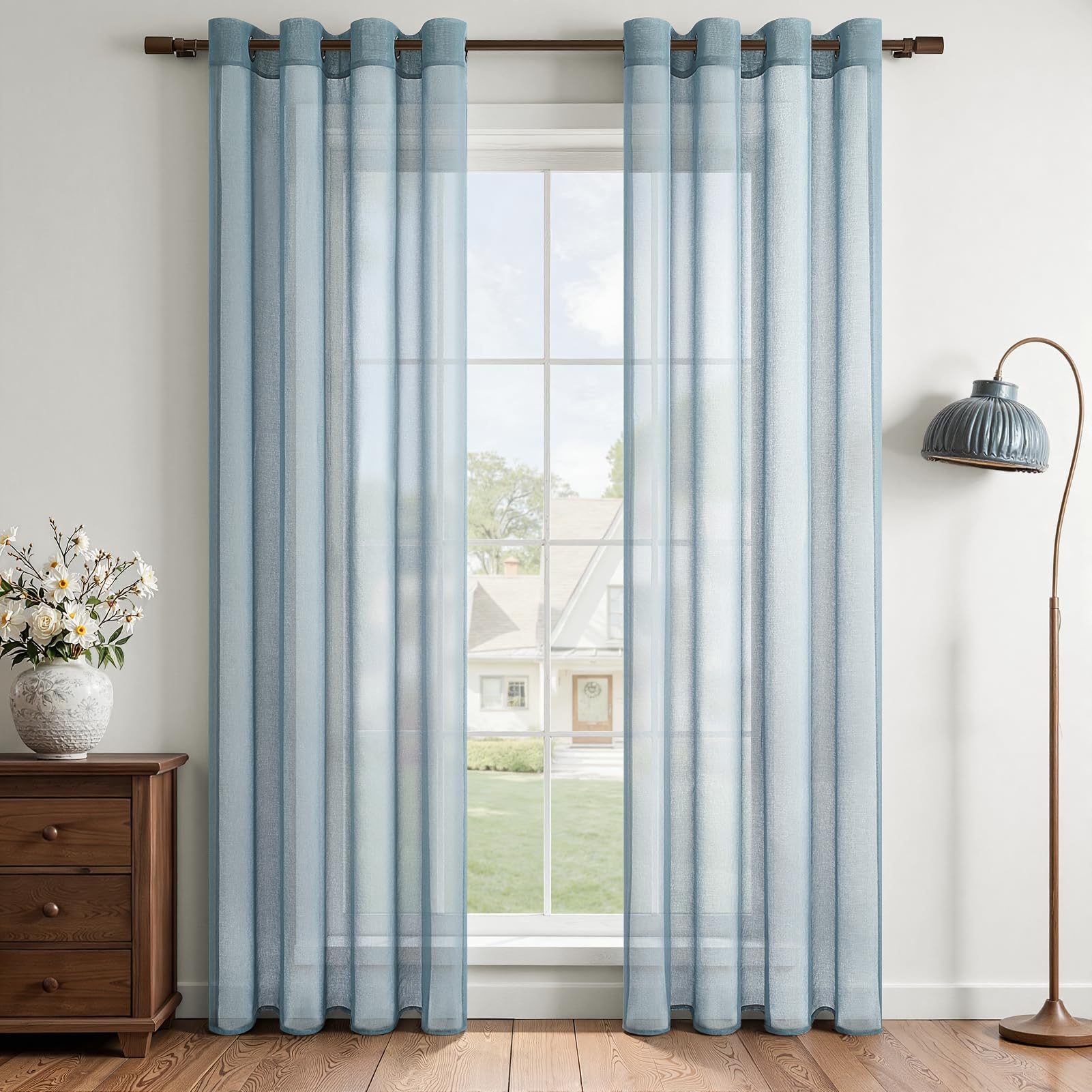 MRTREES Voile Curtains, Semi-Transparent, Short with Eyelets, Scarf Curtains in Linen Look for Living Room, Bedroom, Children's Room, Dark Blue, 225 x 140 cm (H x W), Set of 2