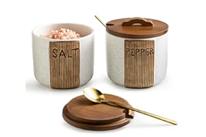 YHOJOY Salt and Pepper Bowl Ceramic, 10 Oz Salt and Pepper Cellar with Lid and Spoon, Farmhouse Salt Containers for Countertop Salt Holer Box, White