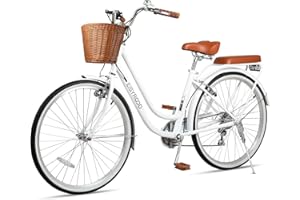 kaiwrxin 26 Inch Beach Cruiser Bike for Ladies, 7-Speed Women Bike for Adults with Basket & Rack, City Bicycle for Commuting, Step Through City Bikes for Woman Adults Ladies