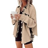 SHEWIN Womens Waffle Knit Plaid Shacket Boyfriend Button Down Shirt Jacket Loose Long Sleeve Tops