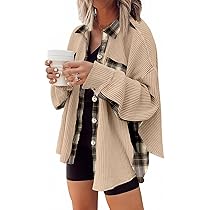 Amazon.com: SHEWIN Womens Waffle Knit Plaid Shacket Button