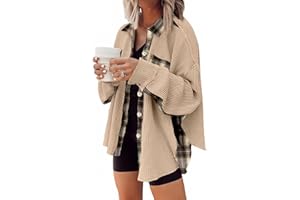 SHEWIN Womens Waffle Knit Plaid Shacket Boyfriend Button Down Shirt Jacket Loose Long Sleeve Tops