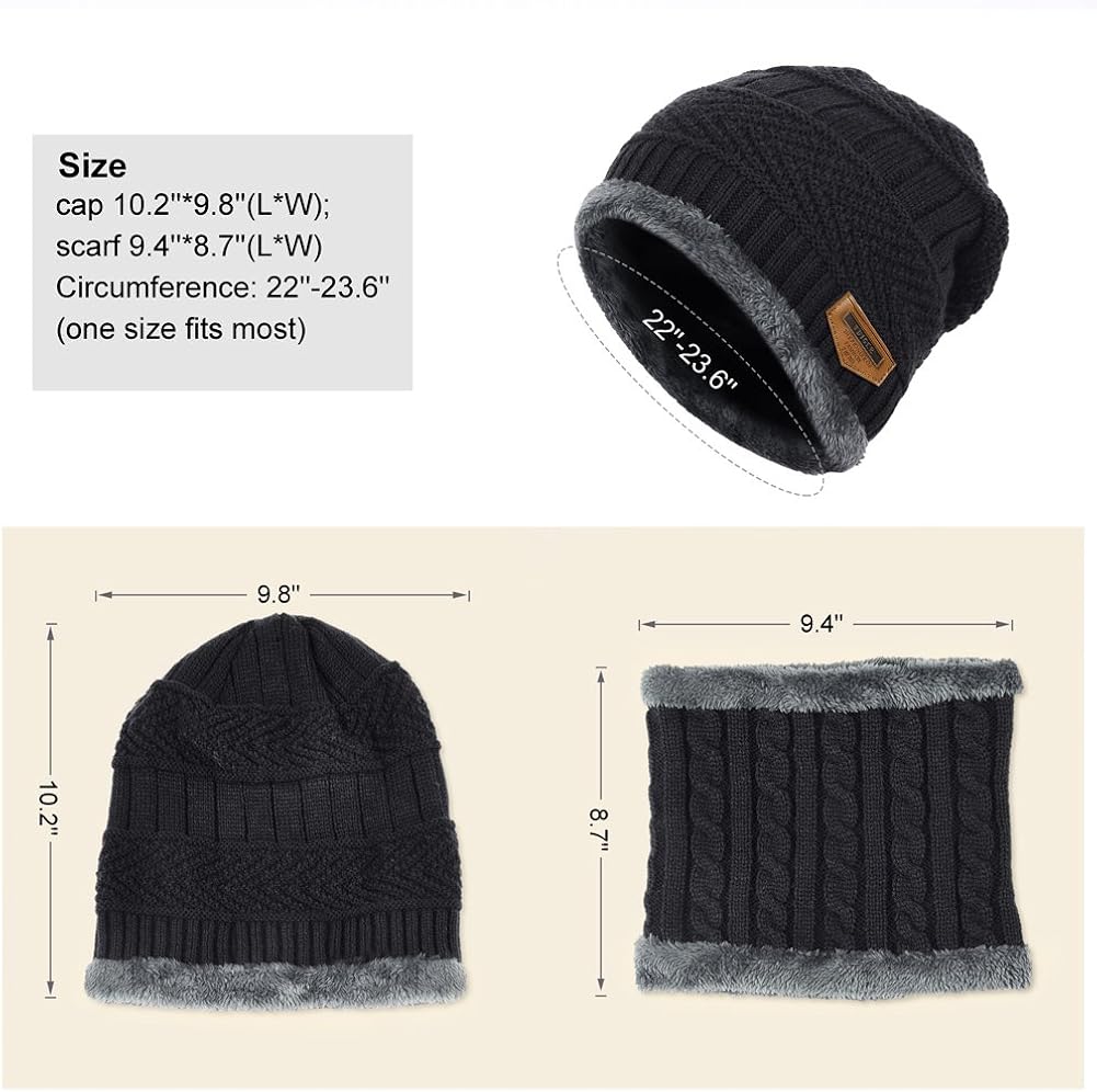 VBIGER 2-Pieces Winter Beanie Scarf Set Warm Hat Thick Knit Skull Cap for Men Women, One Size Black at  Men’s Clothing store