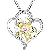 YL Women's Heart Necklace 925 Sterling Silver Lily Flower Love Pendant Birthstone Jewelry
