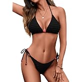 Zeregos Women Two Piece Bikini Set String Triangle Bathing Suits | Sliding Swim Top,Beads Swimsuit,Removable Padding,Adjustable Spaghetti Straps,Side Tie Bottom,for Beach,Pool,Vacation