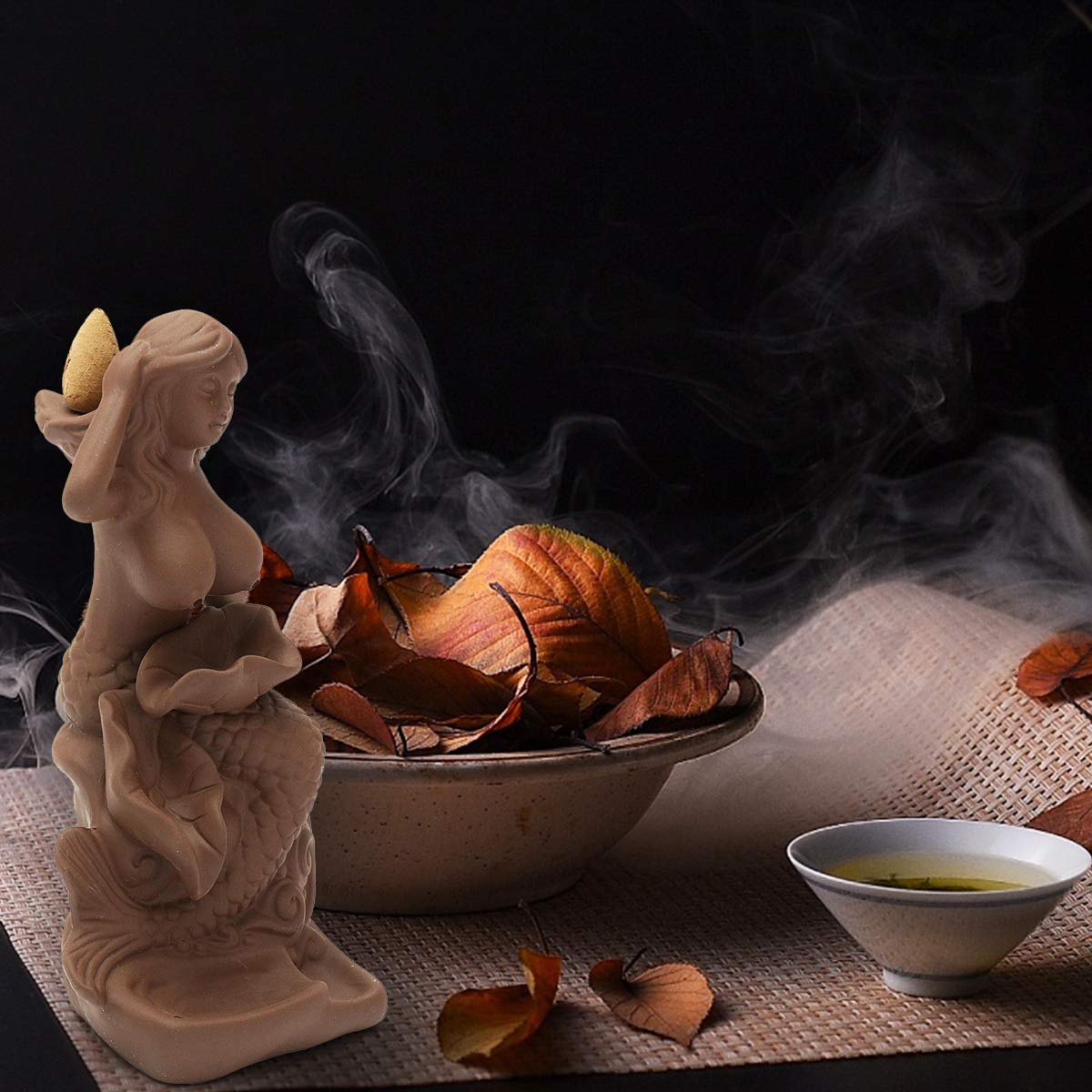Jeteven Keramik Räucherstäbchenhalter Rückfluss Räuchergefäß Luftbefeuchter für Freies Kegel \'\'Meerjungfrau\'\' Aromatherapie Räucherstäbchen Rückfluss Weihrauch (8 x 7 x 17.5 cm)