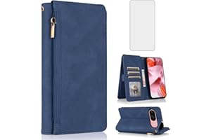 Compatible with Google Pixel 9/9 Pro/10/10 Pro 5G Wallet Case Screen Protector and Zipper Retro Leather Flip Cover Card Holde