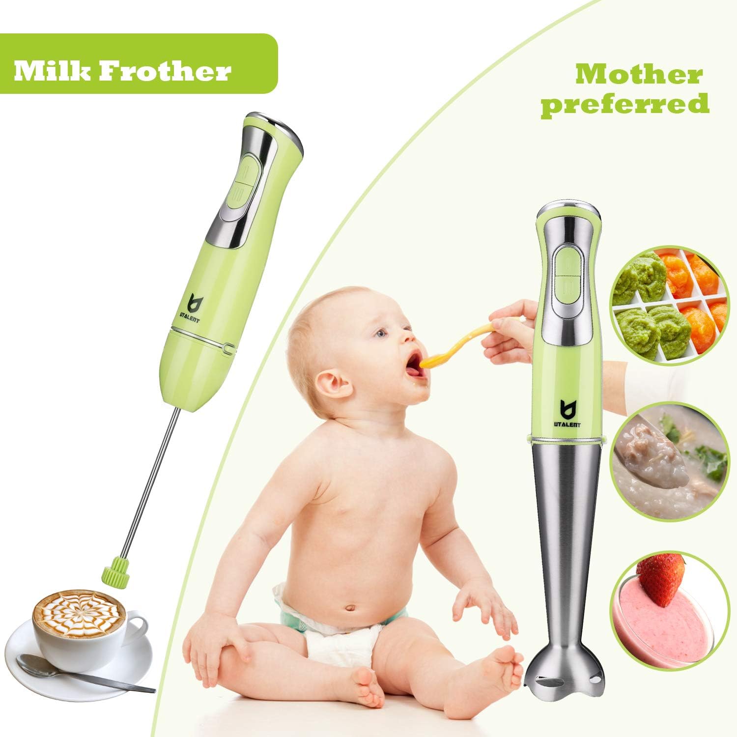 Immersion Hand Blender, Utalent 3-in-1 8-Speed Stick Blender with Milk Frother, Egg Whisk for Coffee Milk Foam, Puree Baby Food, Smoothies, Sauces and Soups - Green: Kitchen & Dining