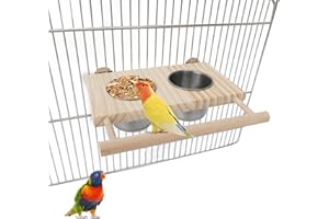 ZUOLUN Bird Food Stainless Steel Cups, Parrots Feeding Dish Cups with Wooden Platform, Wooden Perch Stand Hanging Feeder Bowls Feeding, Bird Feeding Dish Cups for Parakeet Lovebirds Cockatiels Budgie