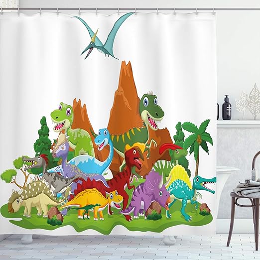 Amazon Com Ambesonne Dinosaur Shower Curtain Funny Friendly Dinosaurs In Cartoon Style And Landscape With Trees And Mountain Cloth Fabric Bathroom Decor Set With Hooks 70 Long White Green Home Kitchen