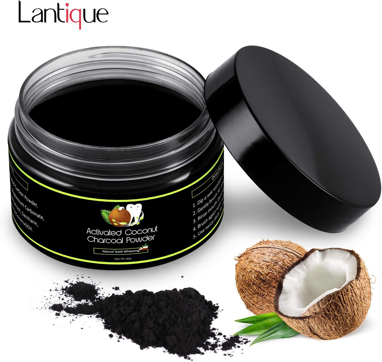 Activated Charcoal Natural Teeth Whitening Powder Kit Wintermint Flavour by Lantique - Organic Coconut Charcoal Powder, Removes Coffee Cigarette Stains, Works Well with Toothpaste (Wintermint)