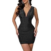 oten Women's Sexy Deep V Neck Sleeveless Ruched Bodycon Party Club Cocktail Mini Dresses