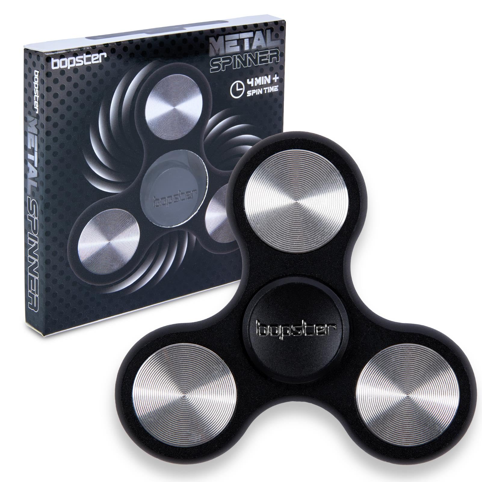 bopster Metal Spinner | Handheld Tri Fidget Spinner for Kids & Adults | 4+ Minute Spin Time, 73g | Smooth Desk Toy for Stress Relief, Focus & Sensory Play | Black