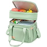 MAPLELILY Lunch Box for Men Women - Double Deck Insulated Lunch Bag, Large Leak Proof Tote Cooler, Wide Open Dual Compartment Lunch Bags with Shoulder Strap, For Work Picnic Hiking Beach, Green