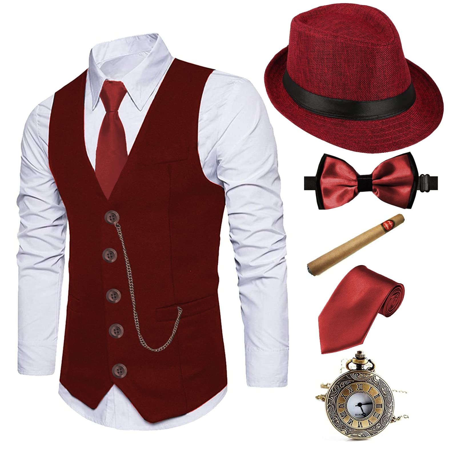 Photo 1 of ***HAT AND TIE ONLY*** EFORLED 1920s Mens Costume Fedora Hat,Gatsby Gangster Vest,Vintage Pocket Watch,Pre Tied Bow Tie,Tie,BD-L