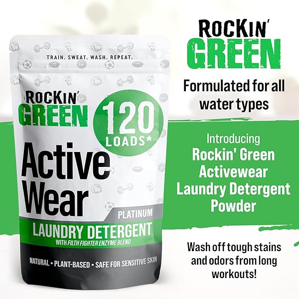 ROCKIN’ GREEN LAUNDRY DETERGENT, PLANT BASED, ALL NATURAL LAUNDRY DETERGENT POWDER, VEGAN AND BIODEGRADABLE ODOR FIGHTER, SAFE FOR SENSITIVE SKIN (ACTIVE WEAR 120 LOADS – UNSCENTED)