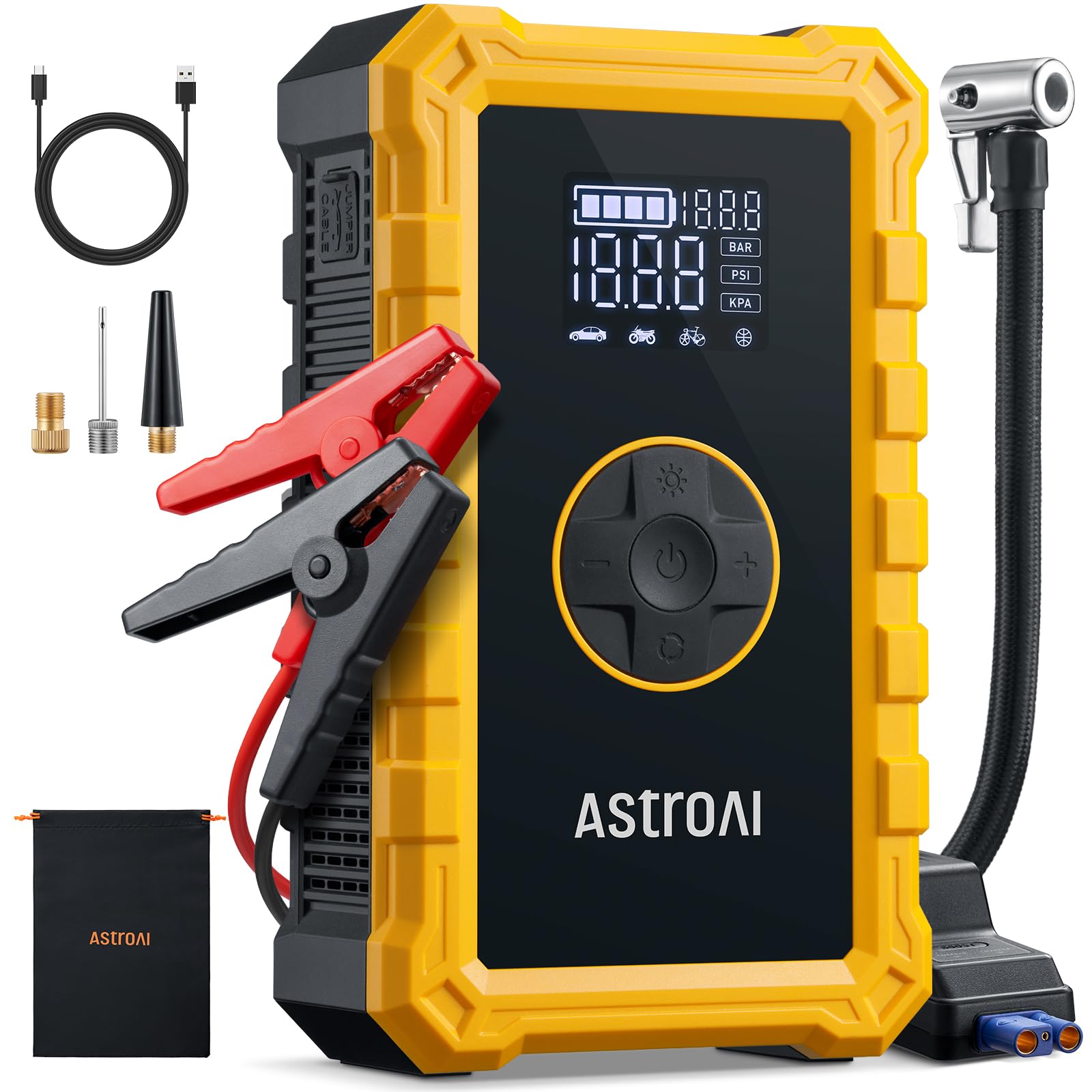 AstroAI S8 Air Jump Starter with Air Compressor, 1500A Car Battery Jumper Starter Portable (6.0 Gas/3.0L Diesel) with 150PSI Cordless Auto-Shutoff Tire Inflator, 12V Battery Charger Booster(Yellow) Image
