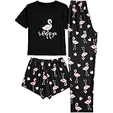 Verdusa Women's 3 Piece Cartoon Print Pajama Sets Tee Top And Shorts Pants Pjs
