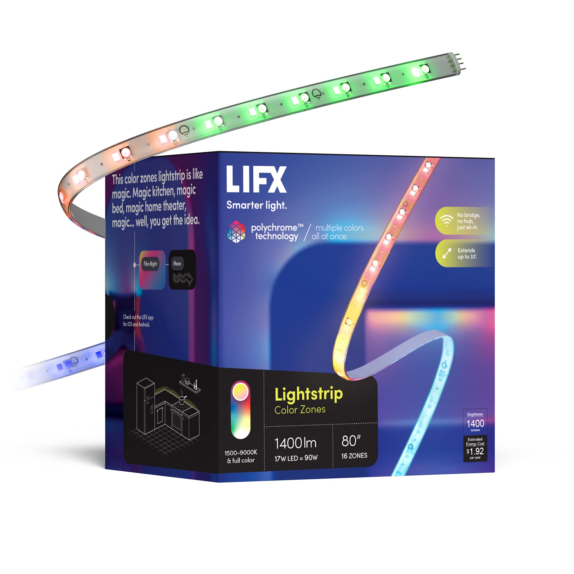 Photo 1 of **INCOMPLETE**LIFX Lightstrip Color Zones, Wi-Fi Smart LED Light Strip, Full Color with Polychrome Technology™, No Bridge Required, Works with Alexa, Hey Google, HomeKit and Siri, 80" Kit