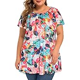 JOELLYUS Plus Size Tops for Women Tunic Floral Casual Short Sleeves T Shirts Flowy Blouses