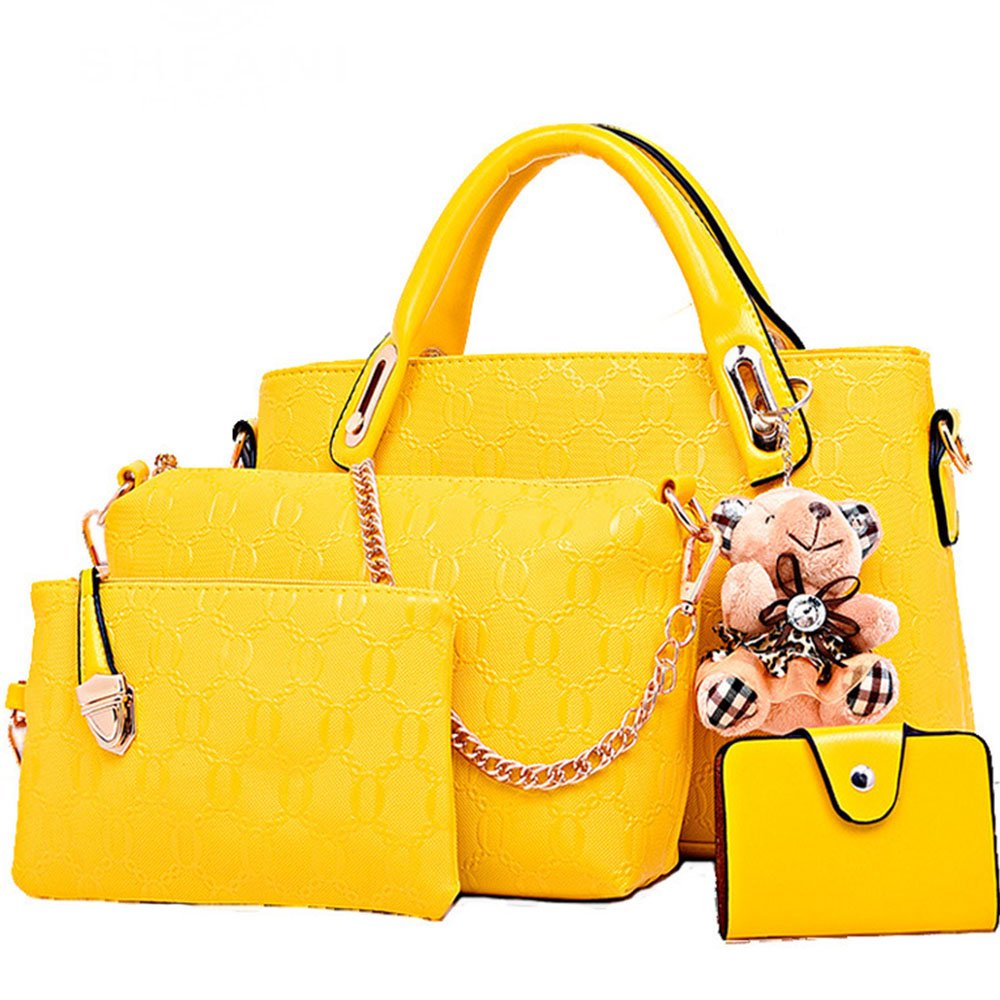 FiveloveTwo Women 4Pcs Top Handle Satchel Hobo PU Leather Handbag Set Large Tote + Purse + Shoulder Bag + Card Holder Yellow