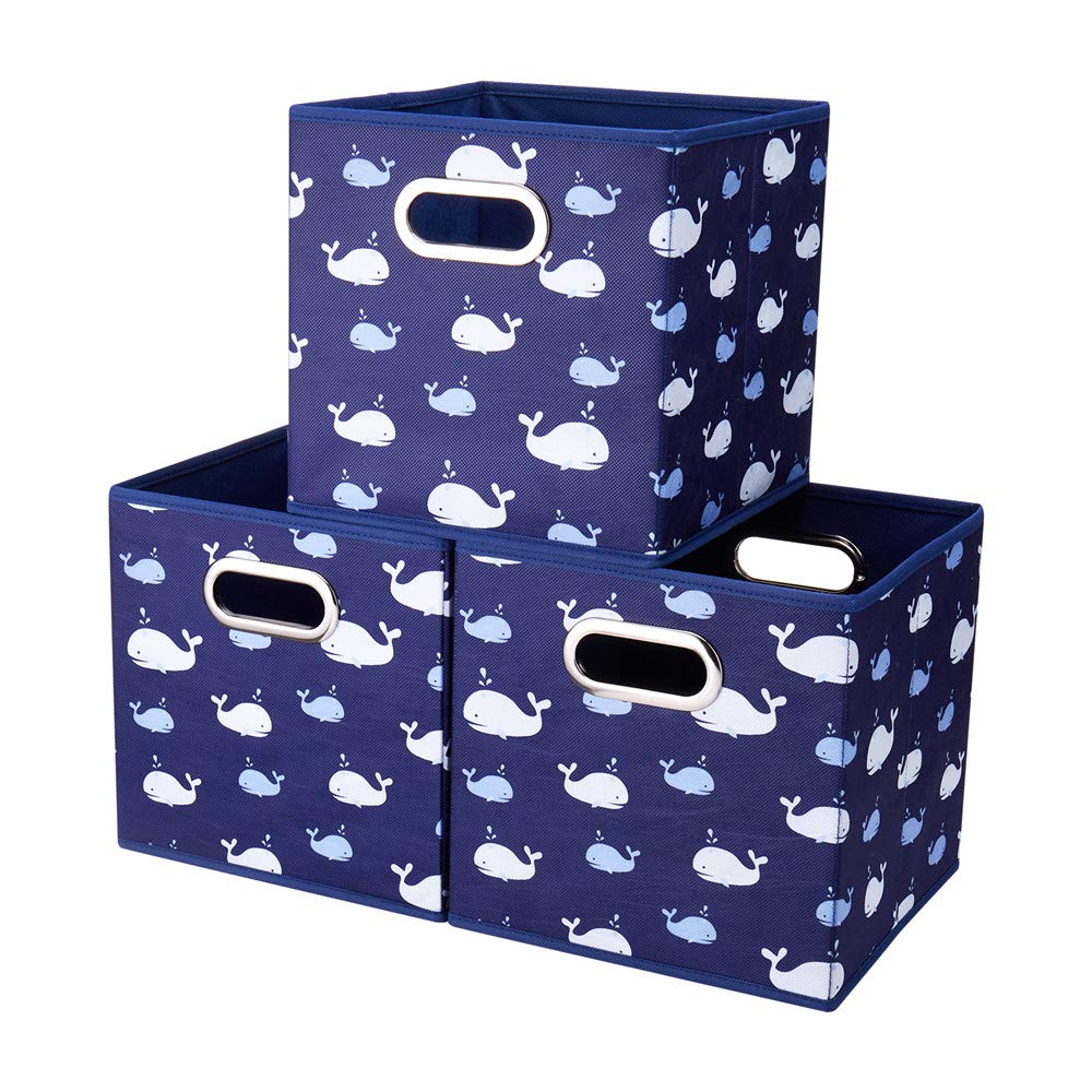 HSDT 3 Cube Storage Bins Blue Navy 13x13x13 Inch Foldable Whale Coastal Print Fabric Storage Basketes for Home Organizers