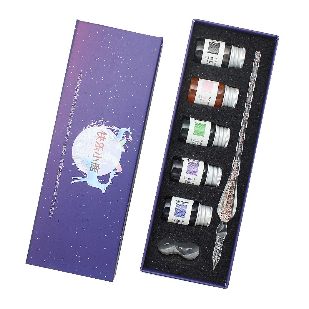 SIPLIV Handmade Glass Dip Pen Set, Starry Sky Sparkling Crystal Vintage Signature Drawing Calligraphy Pen, 7 Pcs Gift Set with 5 Colors Ink, 1 Pen Holder, 1 Glass Pen - Pink
