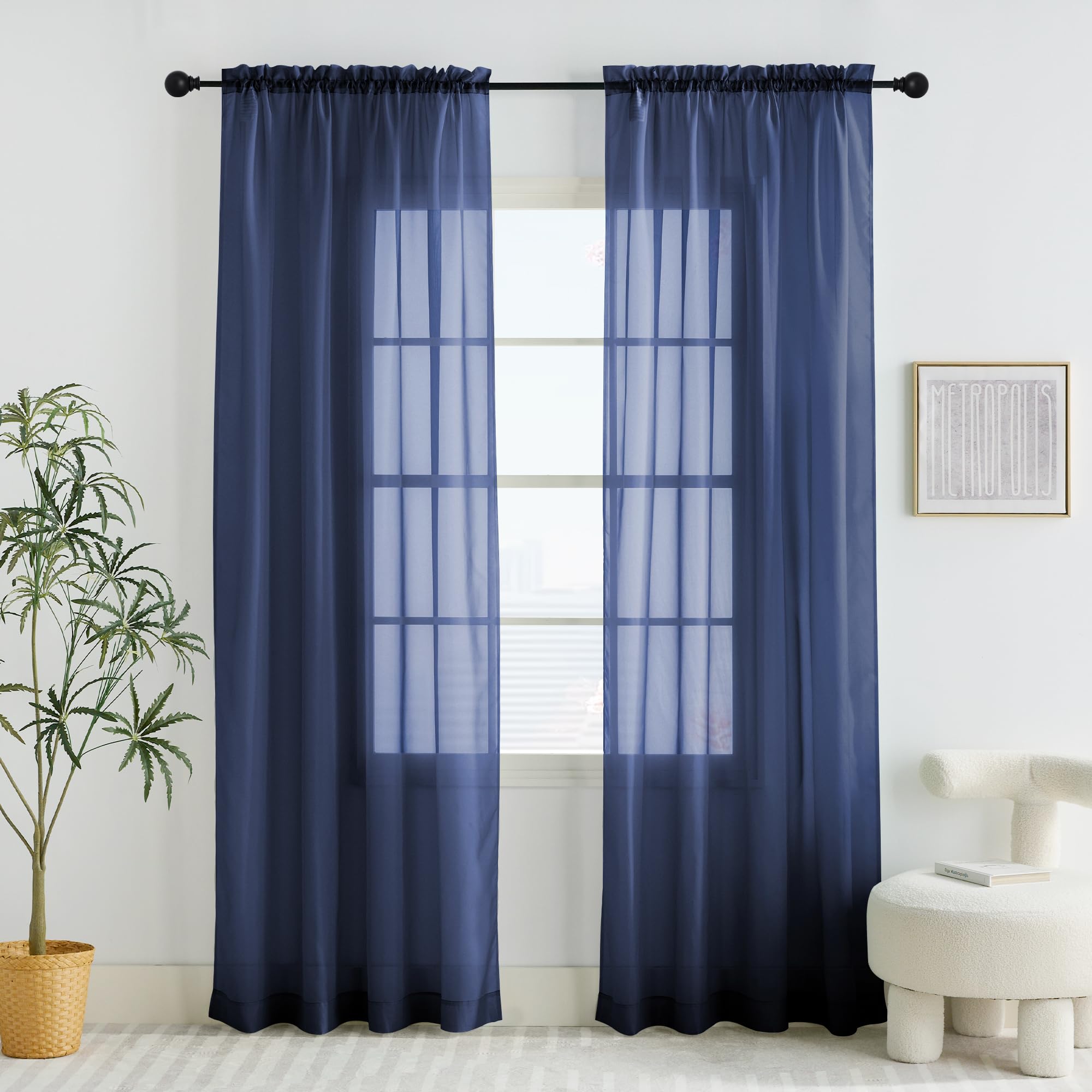 PONY DANCE Dark Blue Voile Curtains 60x84 inches - Living Room/Bedroom Window Net Curtains Slot Top Semi Transparent Voile Sheer Panels for Bedroom/Living Room, Set of 2, 60 Inch Wide — image 1