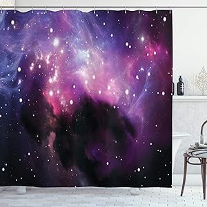Ambesonne Space Shower Curtain, Futuristic Nebula Dust Cloud on Milky Way Cosmos Dark Matter Energy Interstellar, Cloth Fabric Bathroom Decor Set with Hooks, 75