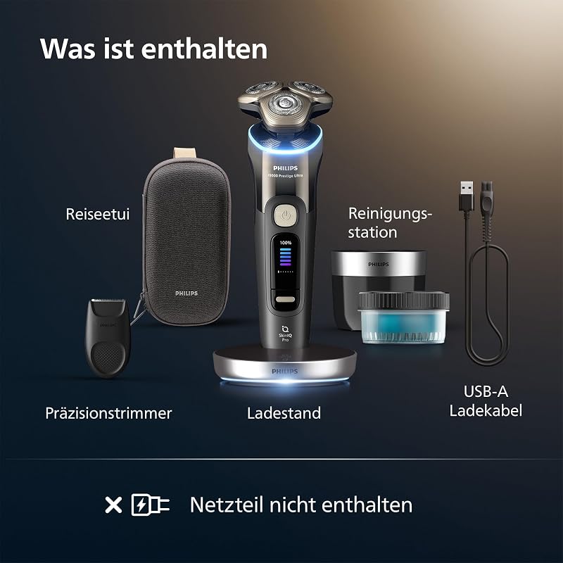 elektrischer Rasierer i9000 Prestige Ultra für Herren, Nass- und Trockenrasur, schwarz, Druck- und Bewegungssensor, Trimmeraufsatz, Reinigungsstation, Ladestation und Reiseetui (XP9405/31)