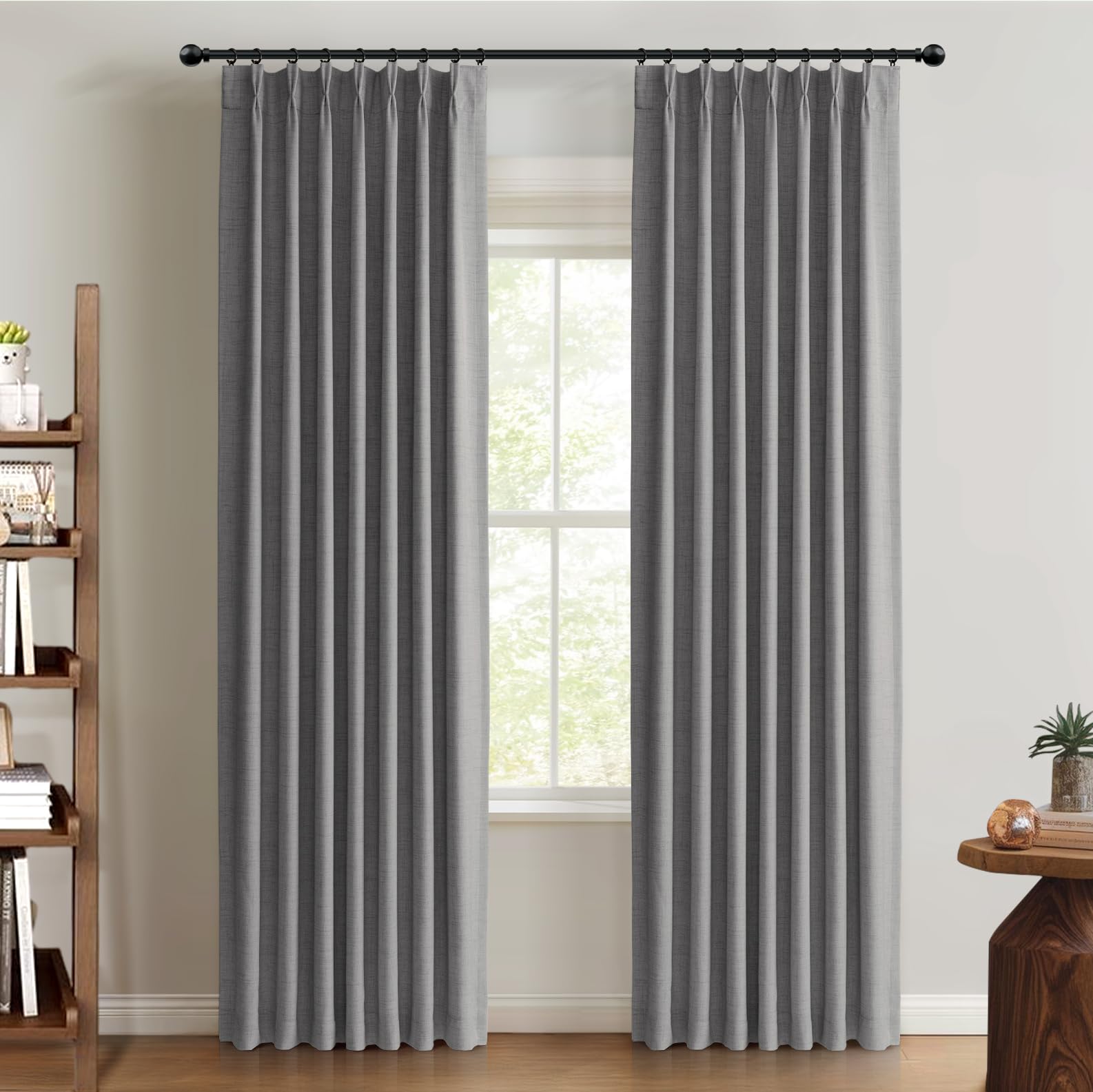 Photo 1 of 100% Blackout Shield Linen Look Textured Pinch Pleated Curtains Blackout Drapes 96 Inch Long 2 Panels Set, Faux Linen Blackout Curtains for Bedroom & Living Room, 40" W x 96" L, Dark Grey