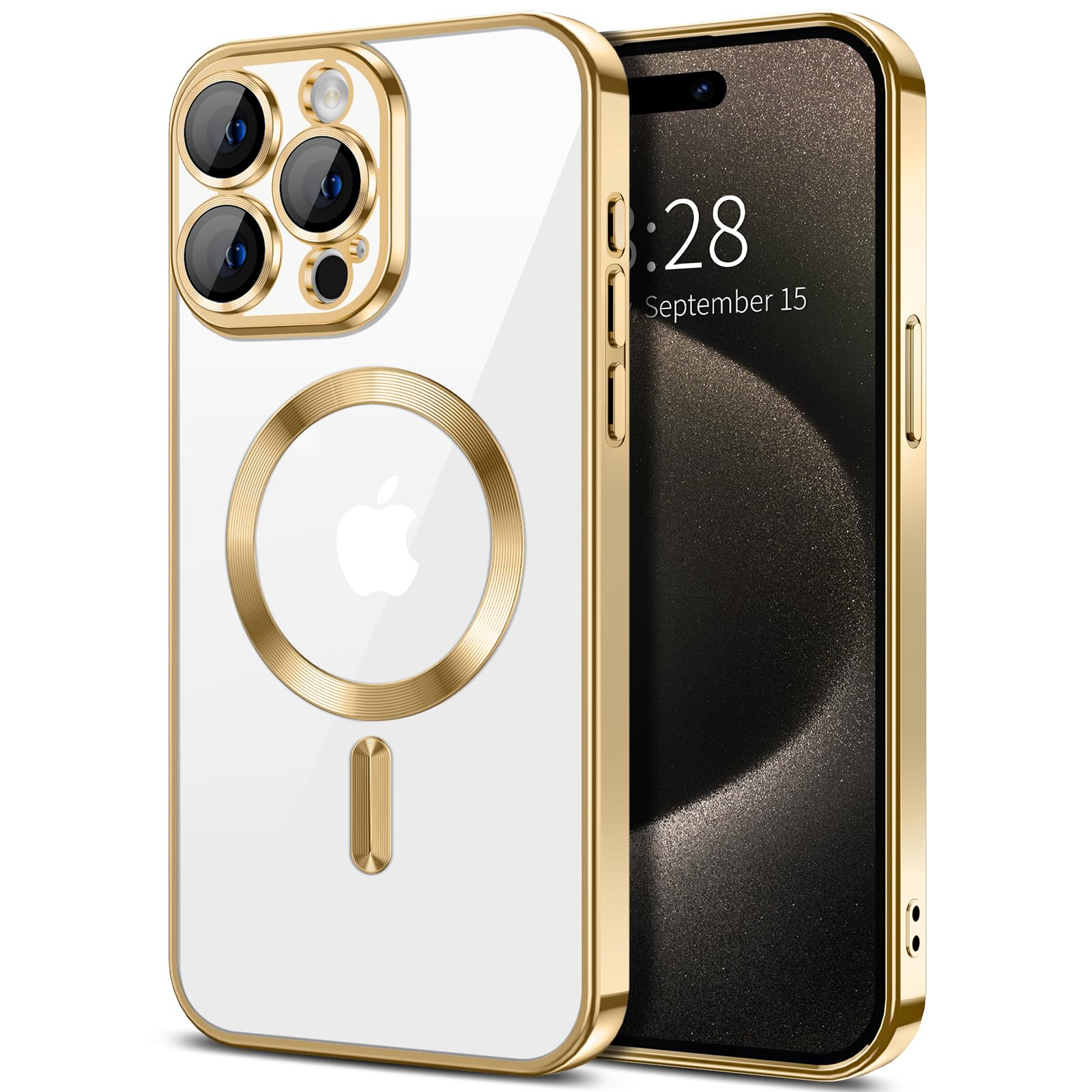 Photo 1 of Hython Magnetic Clear for iPhone 15 Pro Max Case with Camera Lens Protector [Compatible with MagSafe] Plating Edge Slim Soft TPU Cover Protective Phone Case for iPhone 15 Pro Max 6.7", Gold