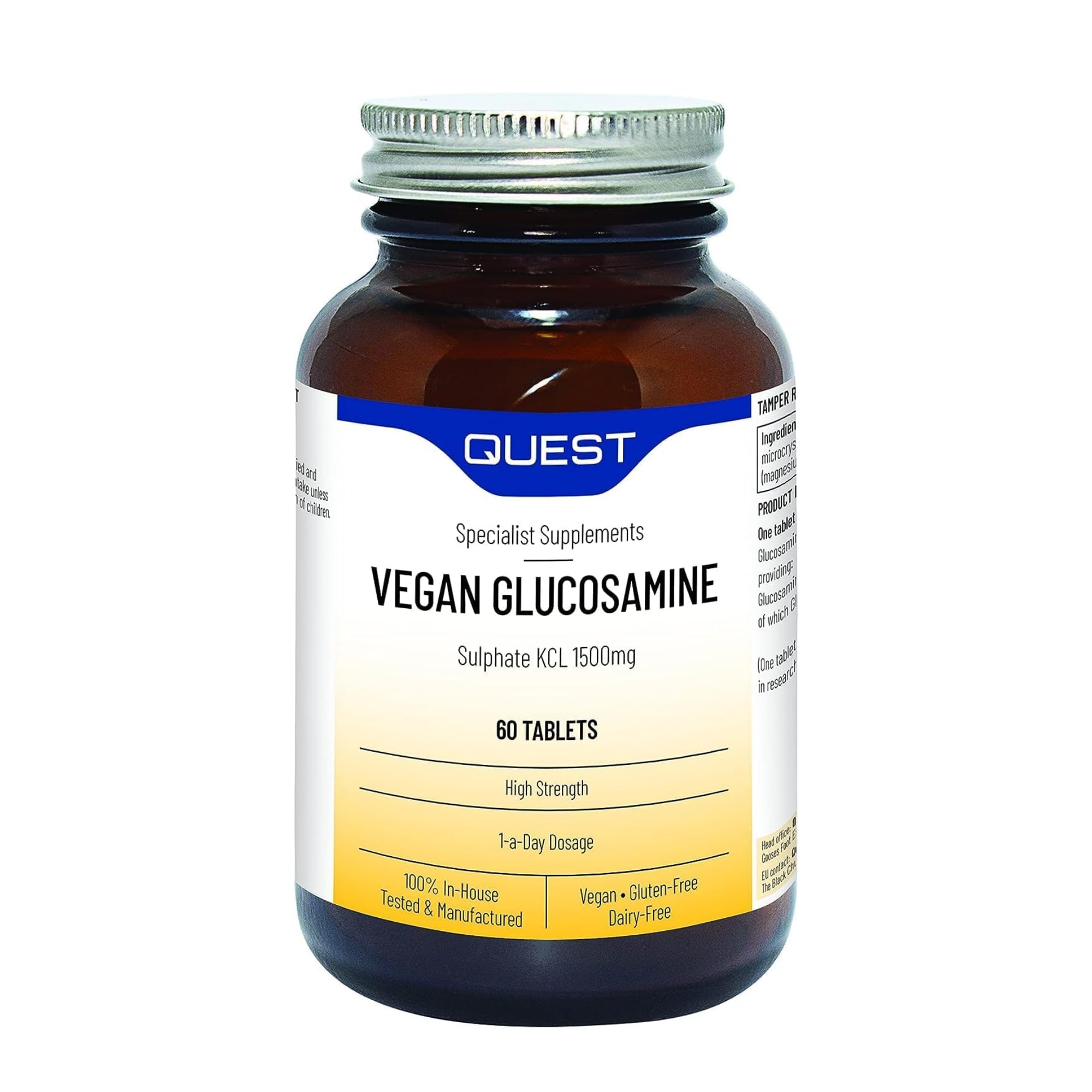 Quest Glucosamine Sulphate KCL for Joint Support & Health, 1500mg High Strength Vegan Glucosamine Complex Supplements. Great for Senior Health, Elderly, Active Life & Athletes. (60 Capsules)