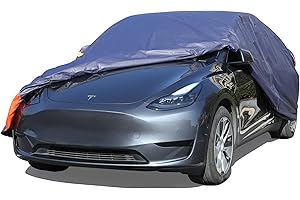 DINGHAO Tesla Model Y Car Cover Waterproof All Weather, 6 Layers Outdoor Full Exterior Cover Rain Sun UV Snowproof Protection with Zipper Cotton, Mirror Pocket and Charging Port