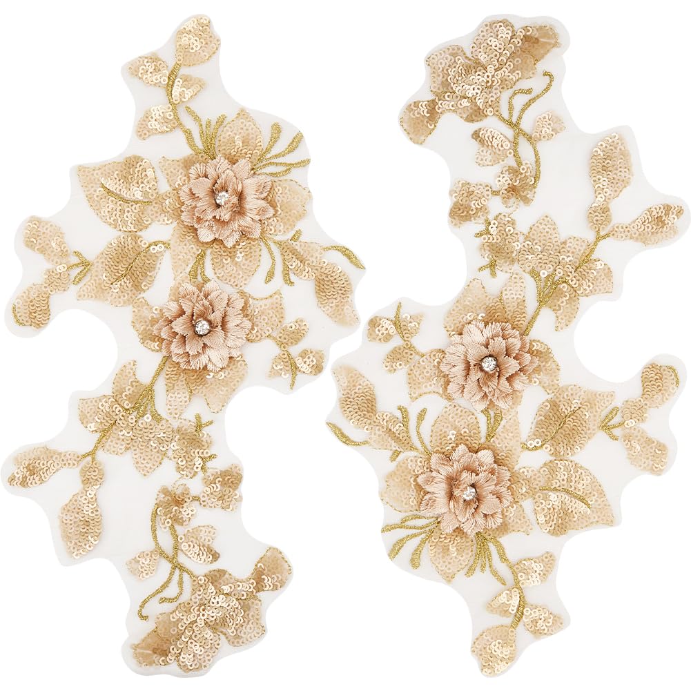 GORGECRAFT 2Pcs 3D Sequins Embroidered Lace Applique Flowers Sew on Trim Patches Glitter Beaded Floral Collar Fabric Craft Decoration Patch for Sewing Wedding Clothes Dress Pants Jeans Bag Goldenrod