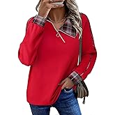 Vivilli Womens Sweatshirts Plaid V Neck Zip Pullover Casual Long sleeve Tunic Sweaters for Women Trendy Fall Clothes 2025