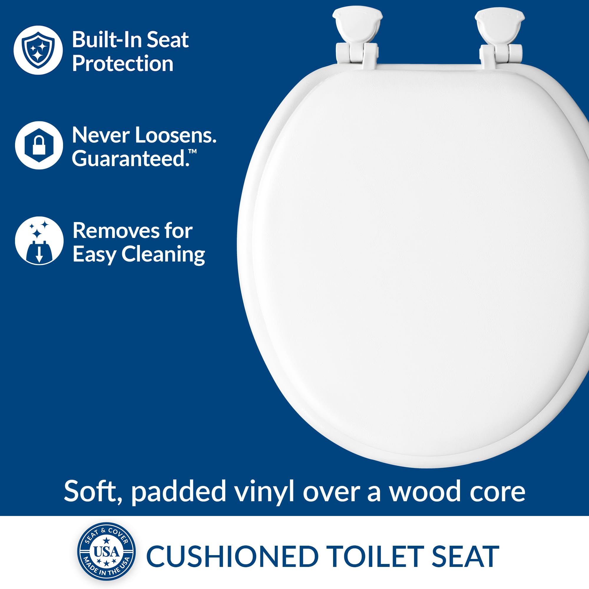 Mayfair Padded Toilet Seat, Cushioned Soft Vinyl over Wood Core Seat, Secure Hinges, Easy Clean, Round, White