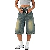 EMMIOL Women Baggy Jorts Y2k Wide Leg Denim Shorts Casual Knee Length Jean Jorts with Pockets 2026 Trendy Streetwear