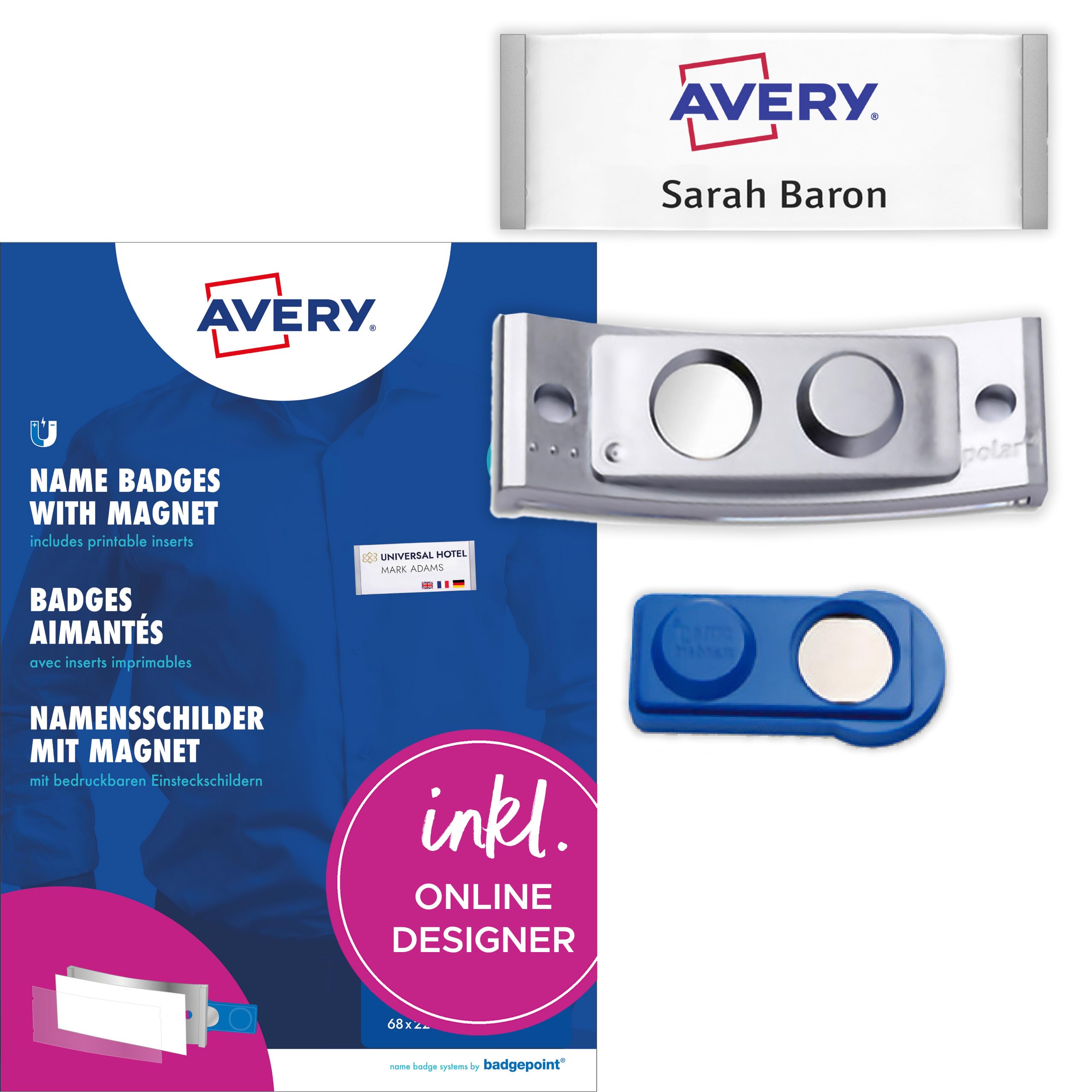 AVERY Zweckform polar30 Namensschilder 20 Stück (70x30mm, 20 Schilder mit Magnet, verdrehsicher, mit blanko Einsteckschildern zum Bedrucken, magnetische Namensschilder für Kleidung) edelstahl matt