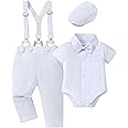 WESIDOM Baby Boy Clothes Suit 0-24M Infant Gentleman Wedding Outfit, Shirt+Bowtie+Beret+Suspender Pants Clothing Set