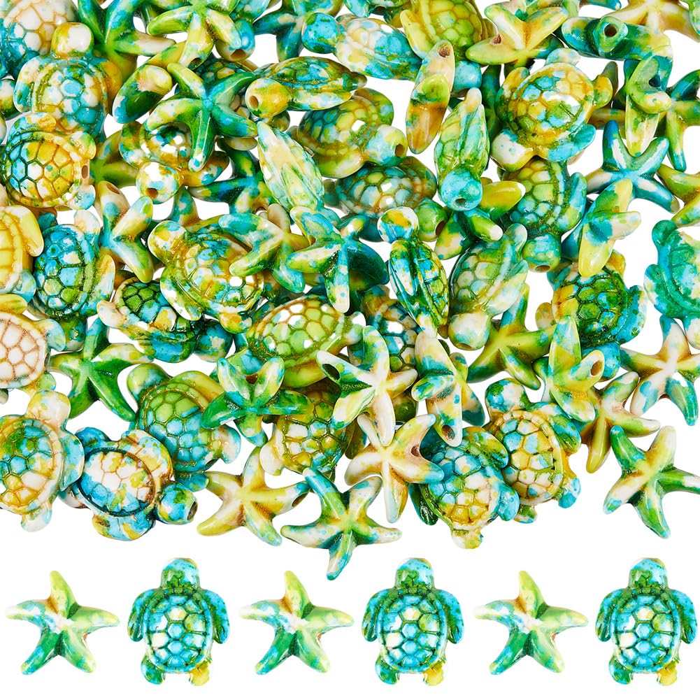 SUNNYCLUE 100PCS 2 Styles Green Turquoise Turtle Beads Starfish Beads Summer Hawaii Ocean Animal Sea Life Lucky Gemstone Loose Spacer Bulk for Jewellery Making Beading Kit Bracelets Craft Supply