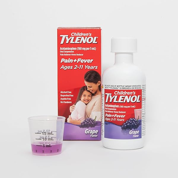 CHILDREN’S TYLENOL LIQUID ORAL SUSPENSION MEDICINE, ACETAMINOPHEN PAIN RELIEVER & FEVER REDUCER FOR COLD + FLU SYMPTOMS & SORE THROAT, ASPIRIN-, IBUPROFEN- & ALCOHOL- FREE, GRAPE, 4 FL. OZ