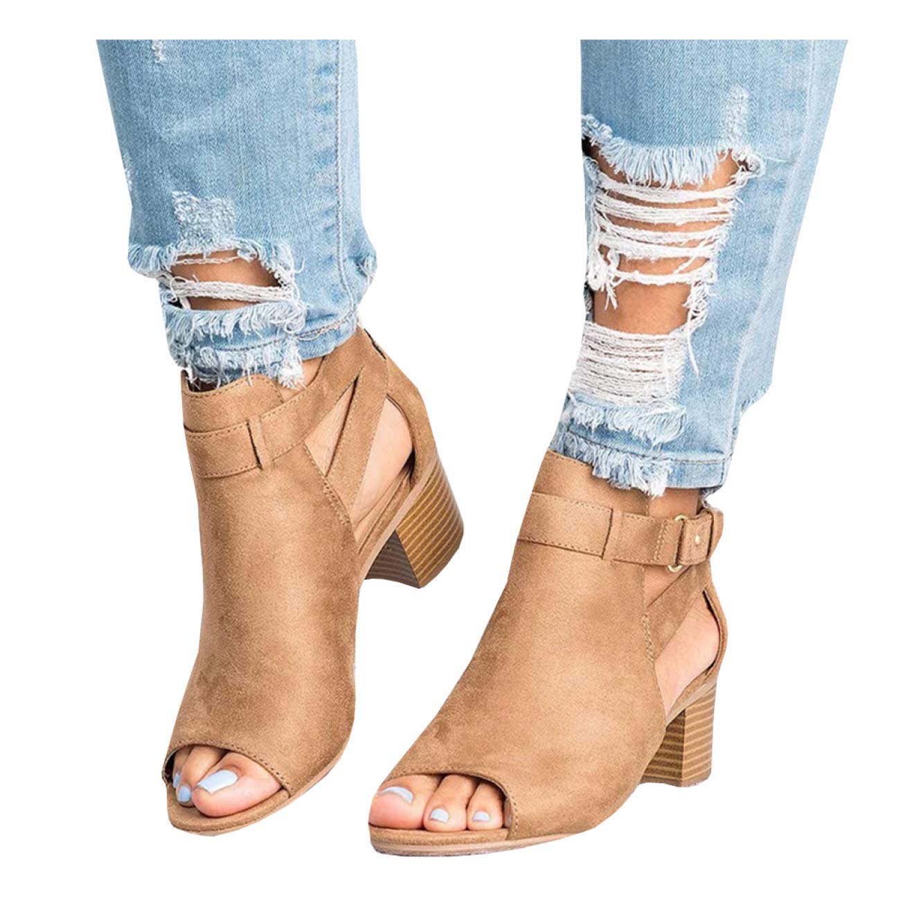 Womens Open Toe Cut Out Sandals Chunky Stacked Low Heel Ankle Strap Booties