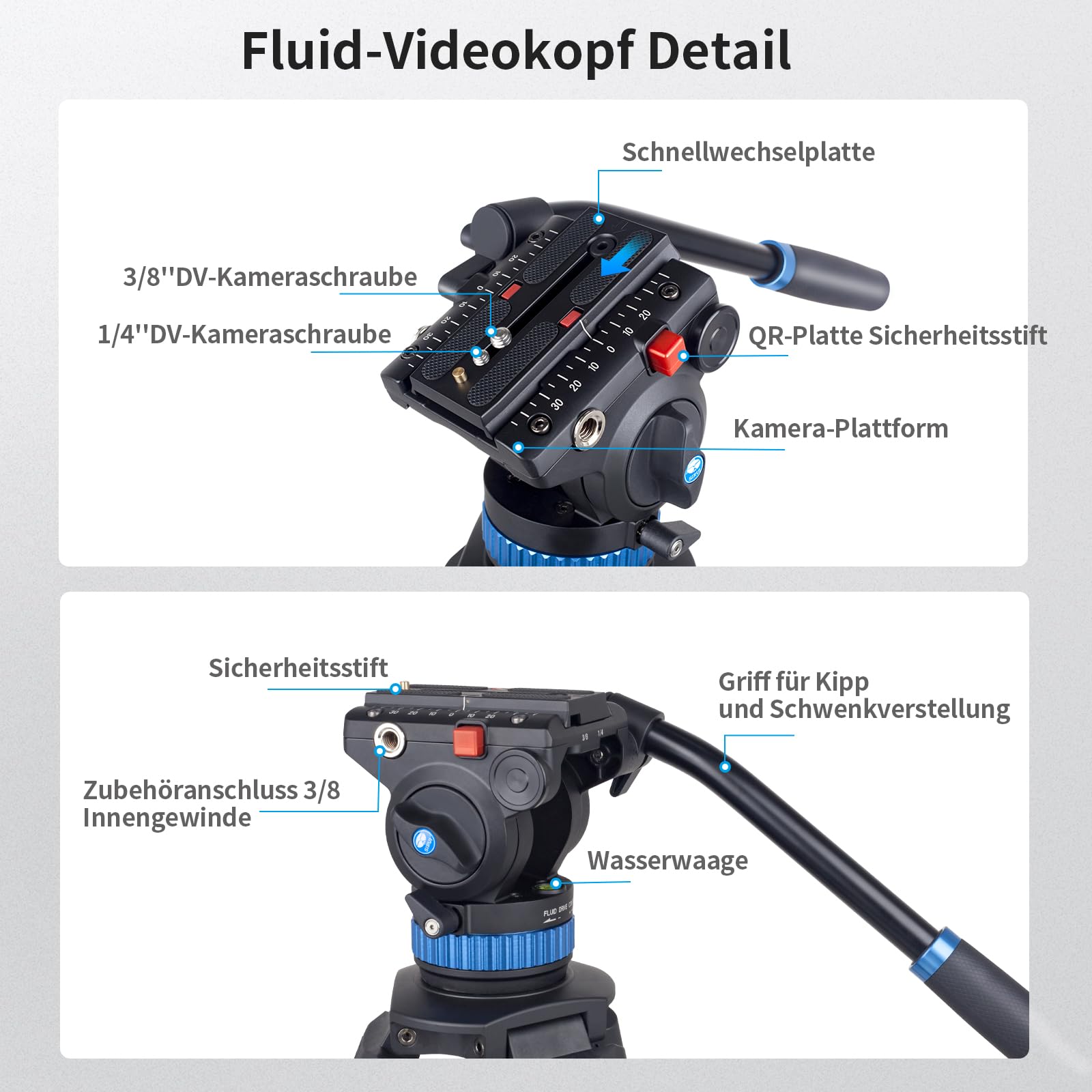 SIRUI Profi Videostativ mit Fluidkopf AM-25S, 190cm professionelles Aluminium Dreibein-Stative für Camcorder Kameras DSLR, Max Belastung 10KG 8