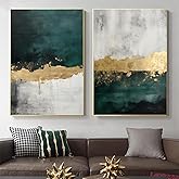 Green Abstract Wall Art Dark Green and Black Grey Pictures Modern Minimalist Geometry Painting for Wall Emerald Green Gold Grey Wall Art Modern Abstract Painting Gold Foil Artwork 16x24inchx2 No Frame