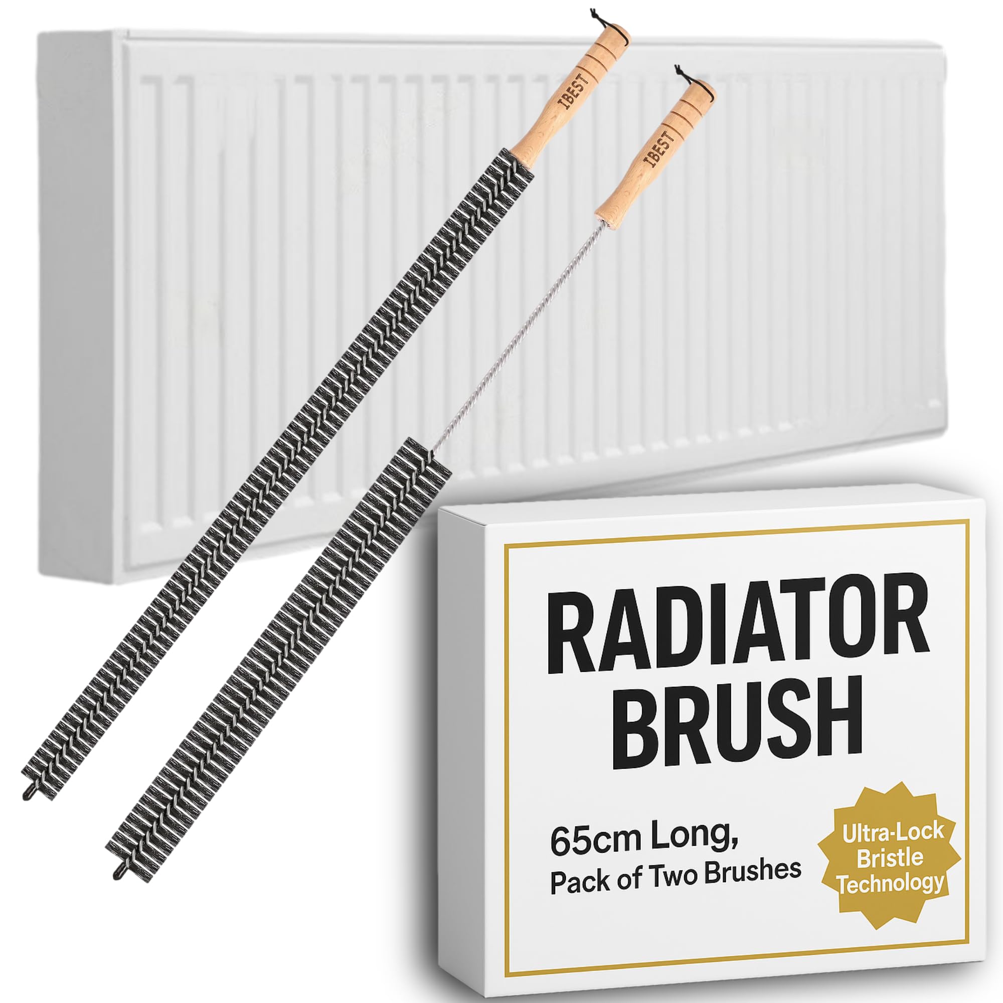 Radiator Brush with Wooden Handle | Pack of 2 Radiator Cleaner Brush with Hanging Hook Loop | Multi-Purpose, Flexible, Thin, 65CM Long | Efficient and Easy Cleaning of Home and Office (Black)