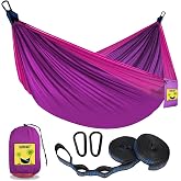 SZHLUX Camping Hammock Double &amp; Single Portable Hammocks with 2 Tree Straps, Great for Hiking,Backpacking,Hunting,Outdoor,Beach,Camping,Purple / Pink