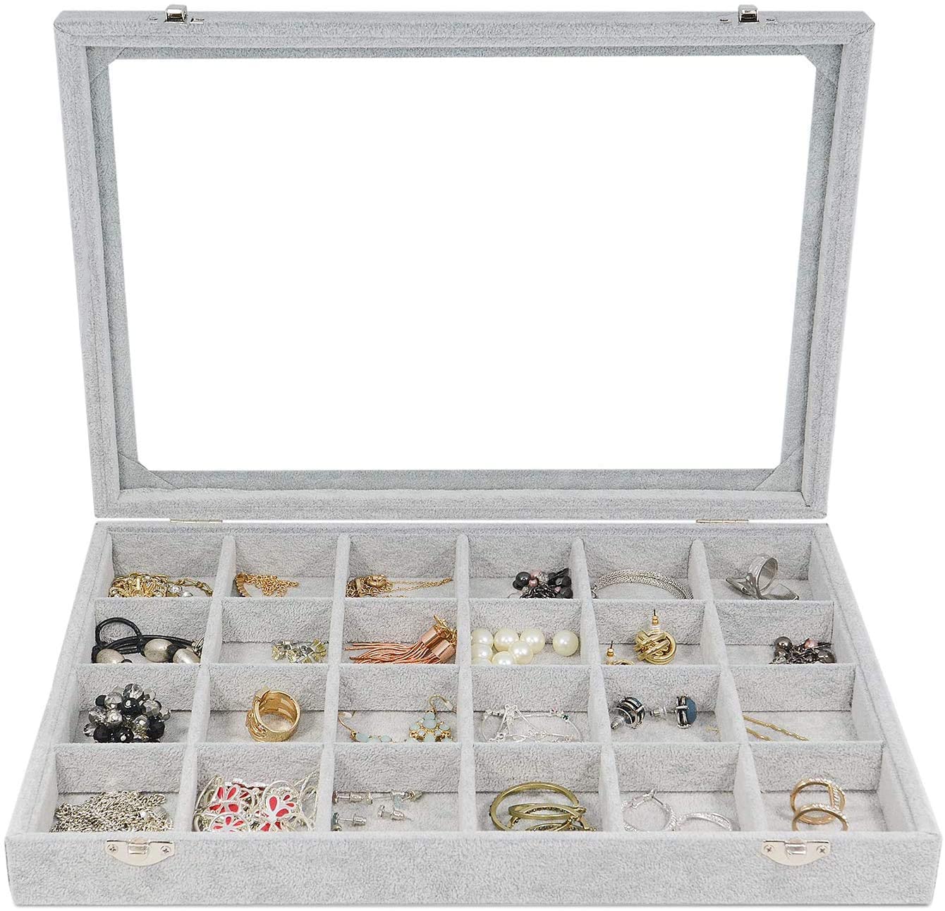 BIENSER 24 Grid Jewellery Tray, Velvet Clear Lid Jewellery Holder Box, Jewellery Storage Box for classification display, Jewellery Display Box Jewellery Case Lockable, Dustproof, 13.14"(L) X 9.18"(W)