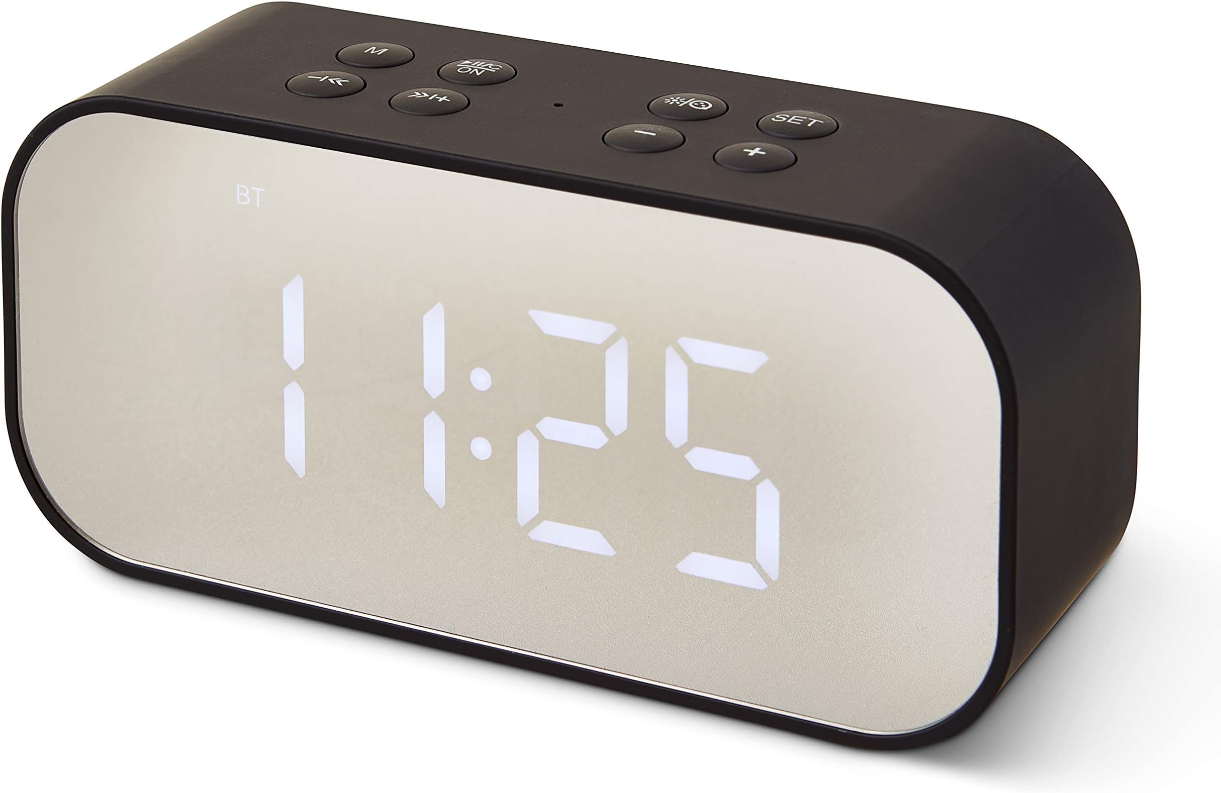 Bluetooth Speaker LED Light with 24-hr Military Time Alarm Clock - Wireless Speaker, Mirror, Dual-Alarm - Dimmable Display, Hands-Free Calling - 5.5 x 1.8 x 2.8 inches, Black - Micro USB Charging
